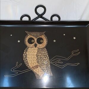 Vintage Couroc of Monterey blk/gld Owl Tray, star starry night design Signed